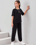Girls Black T-Shirt & Cuffed Trouser Co-ord Set