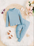 Plush-High Neck Style Ribbed Knit Sweat Set - Sky Blue