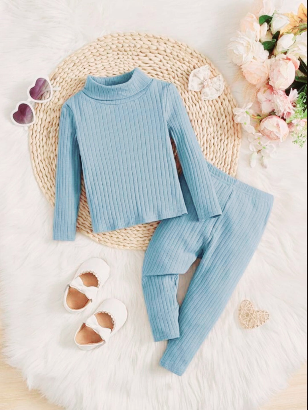 Plush-High Neck Style Ribbed Knit Sweat Set - Sky Blue