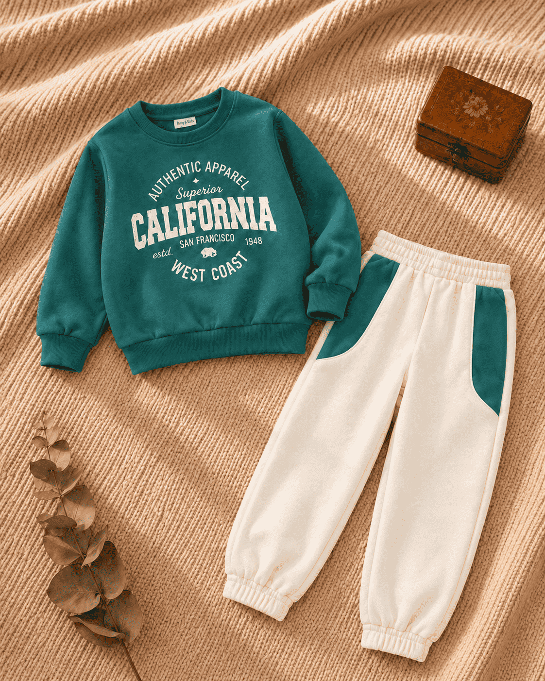 Kids teal California print fleece sweatshirt and cream jogger set