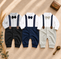 Baby boy gentleman romper pack of 3 with bow tie and suspenders in light grey, charcoal and navy