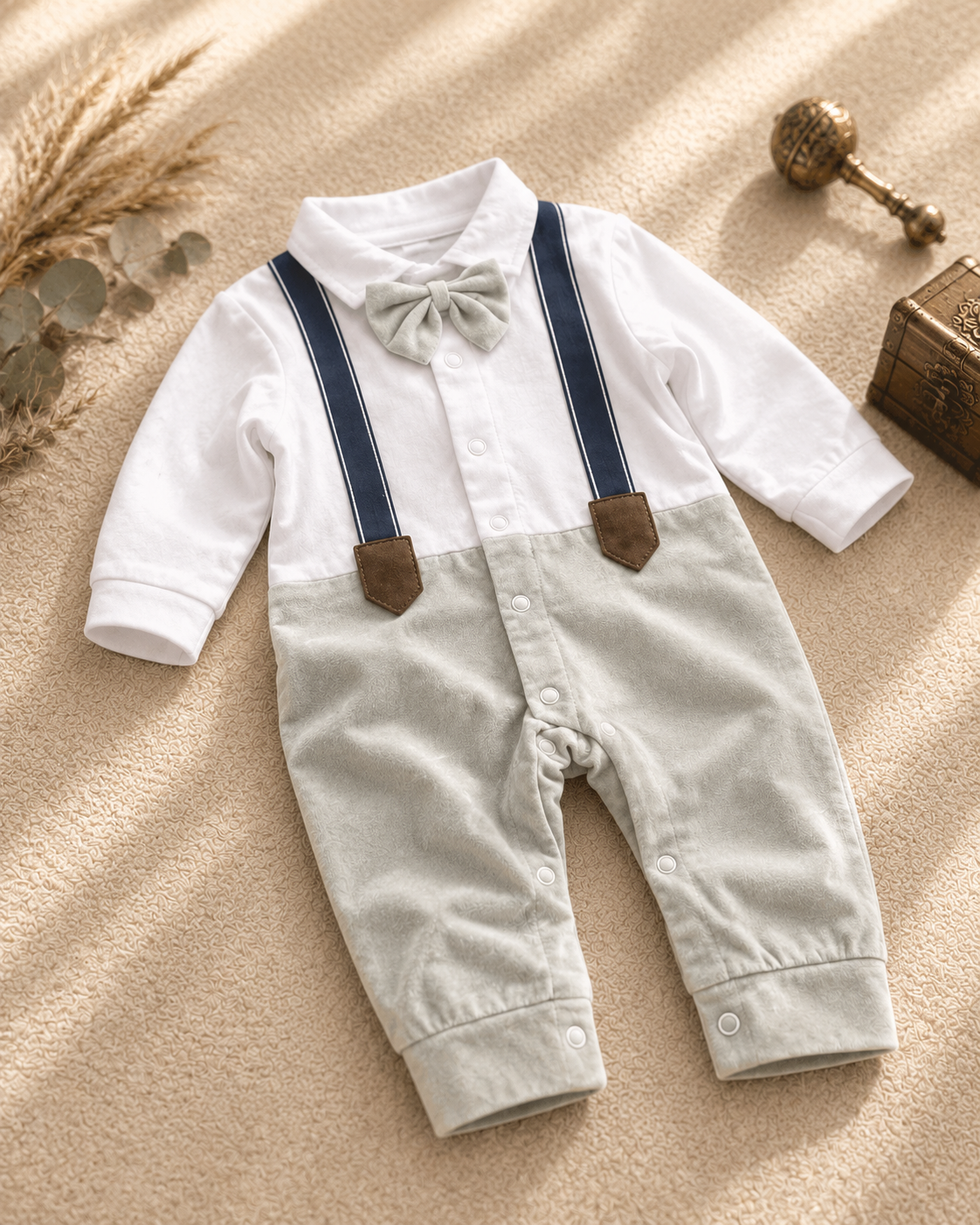 Baby Boy Formal Romper with Bow Tie - White & Light Grey