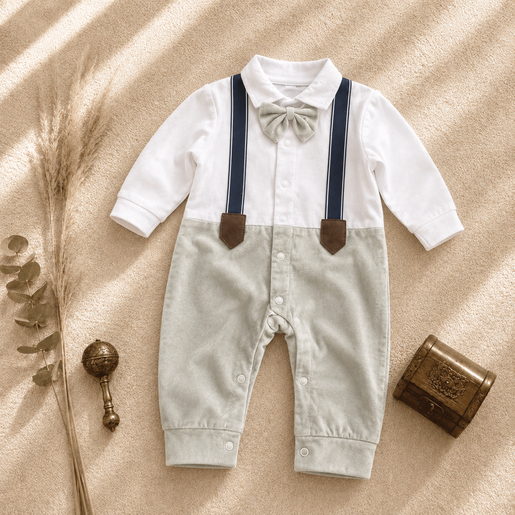 Baby boy gentleman romper with white top, light grey bow tie and suspenders