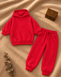 Bright red kids oversized hoodie and jogger set flat lay