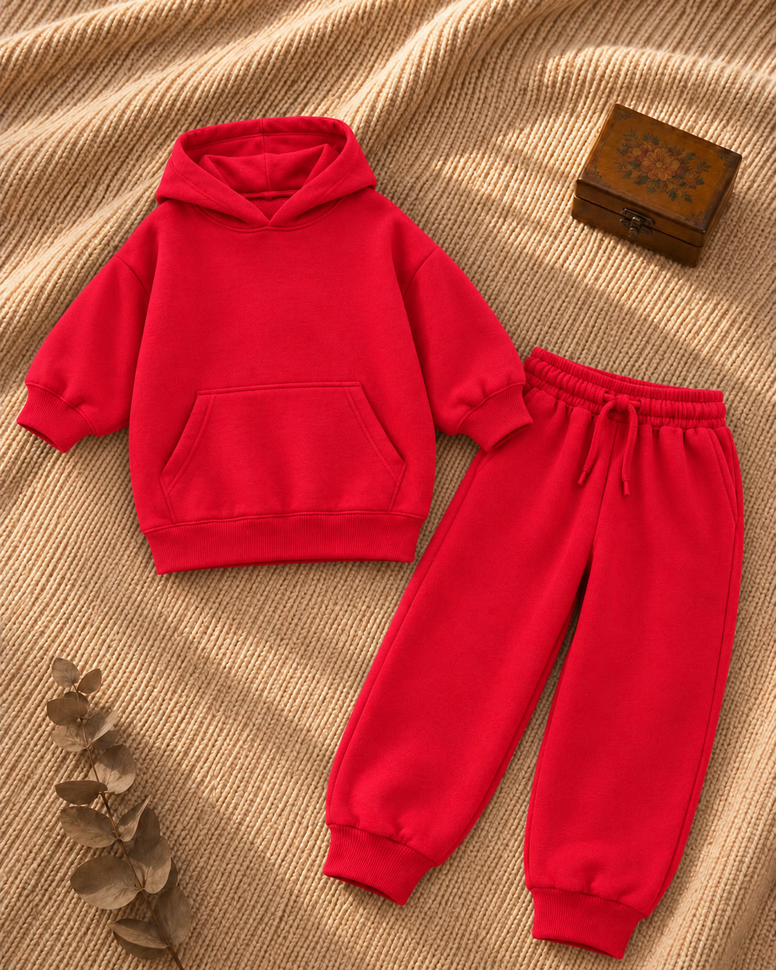 Bright red kids oversized hoodie and jogger set flat lay