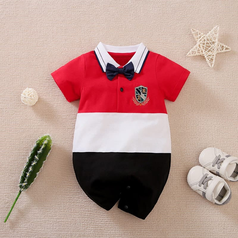 Plush-Polo Romper - Red White & Blue Contrast with Bowtie