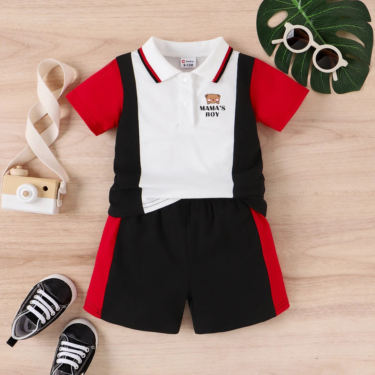 Plush-Baby Plaid Polo Shirt & Shorts-Black/Red/White