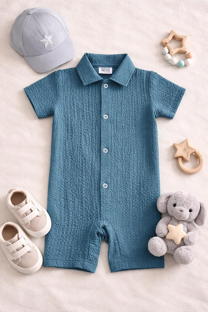 Mini Aura Boys Textured Romper (Classic Collar) – Teal Blue