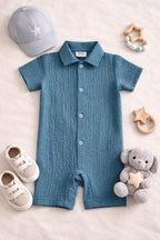 Mini Aura Boys Textured Romper (Classic Collar) – Teal Blue