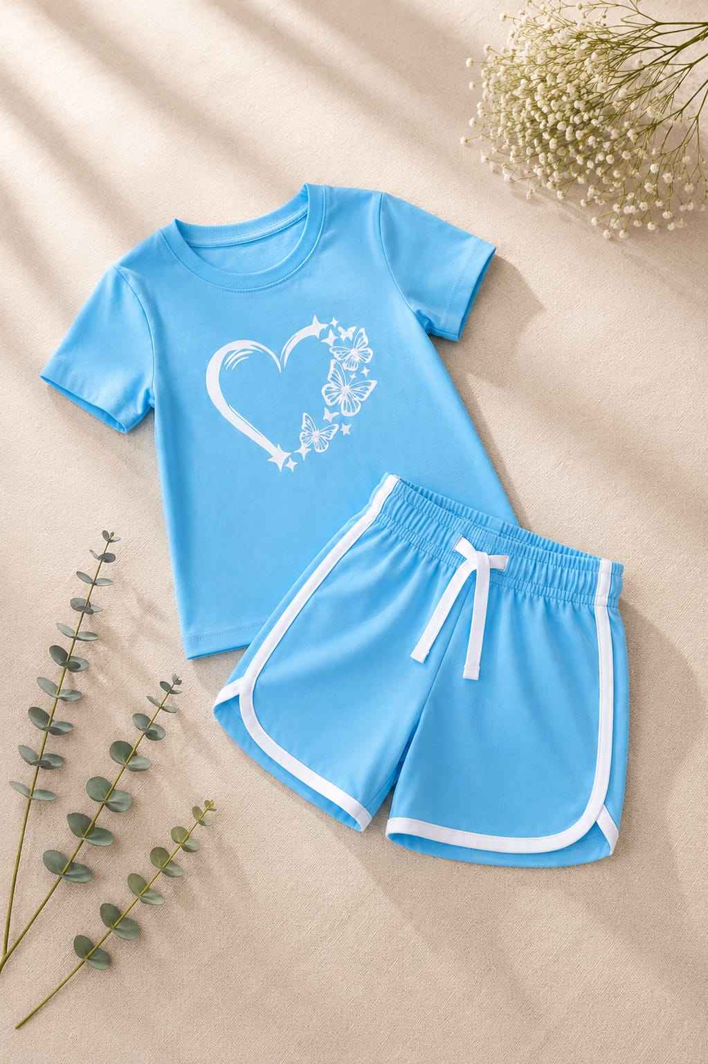 Girls Sky Blue Butterfly Heart T-Shirt & Shorts Set