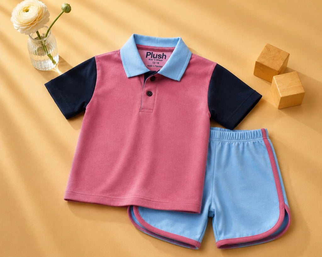 Plush-Baby Plaid Polo Shirt & Shorts-Pink-Blue