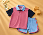 Plush-Baby Plaid Polo Shirt & Shorts-Pink-Blue