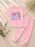 Girls Pink Unicorn T-Shirt & Cuffed Trouser Set