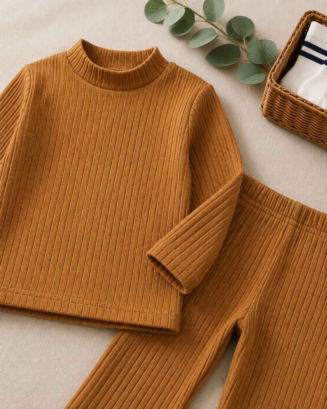 Plush Ribbed Knit Basic Set - Brown