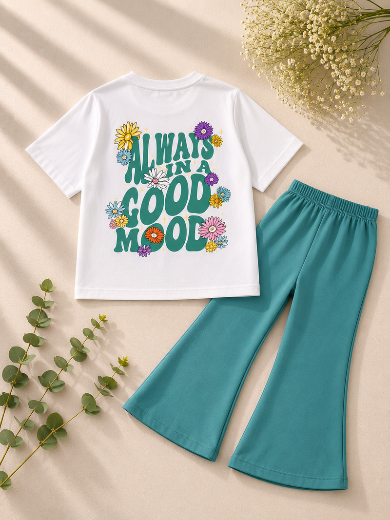 Girls Mint Green "Good Mood" T-Shirt & Flapper Trouser Set