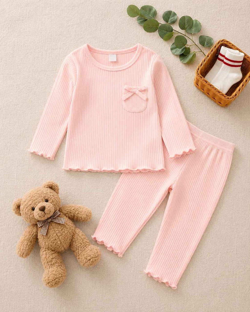 Plush Ribbed Knit Basic Set - Pink