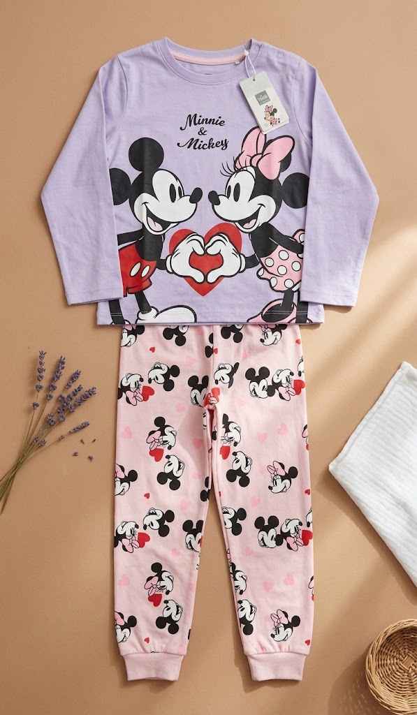 New Disney Mickey & Minnie Girls’ Pajama Set – PURPLE Printed Top with Red Trousers | Kids Nightwear