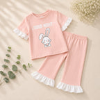 Girls Peach Bunny Print T-Shirt & Trouser Set