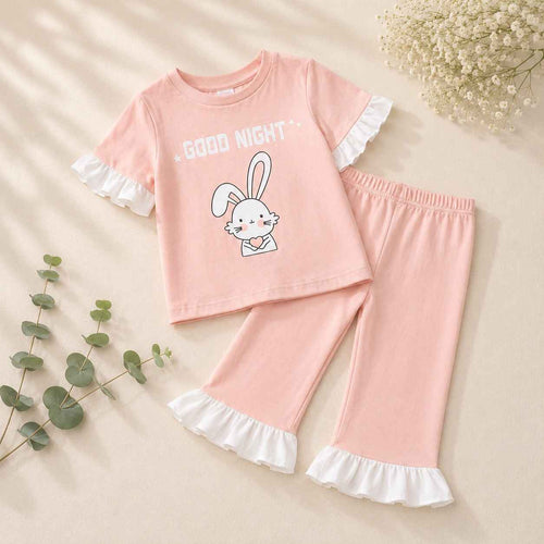 Girls Peach Bunny Print T-Shirt & Trouser Set