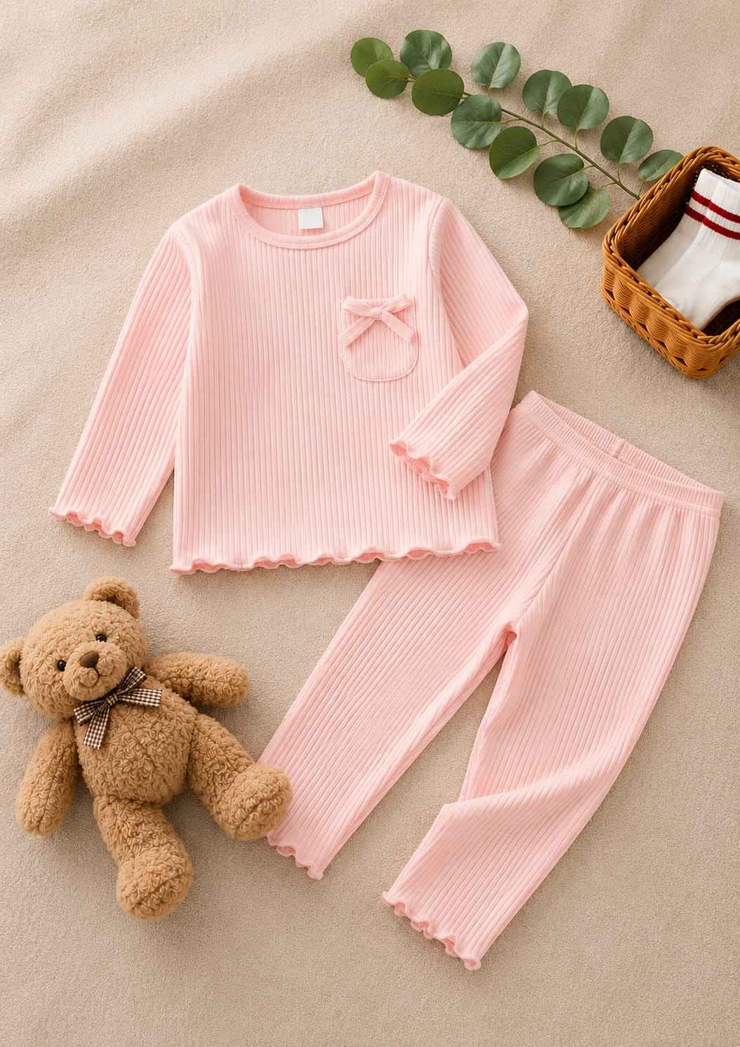 Plush Ribbed Knit Basic Set - Pink