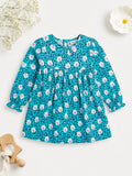Teal long-sleeve toddler dress with white daisy floral and leopard print pattern.