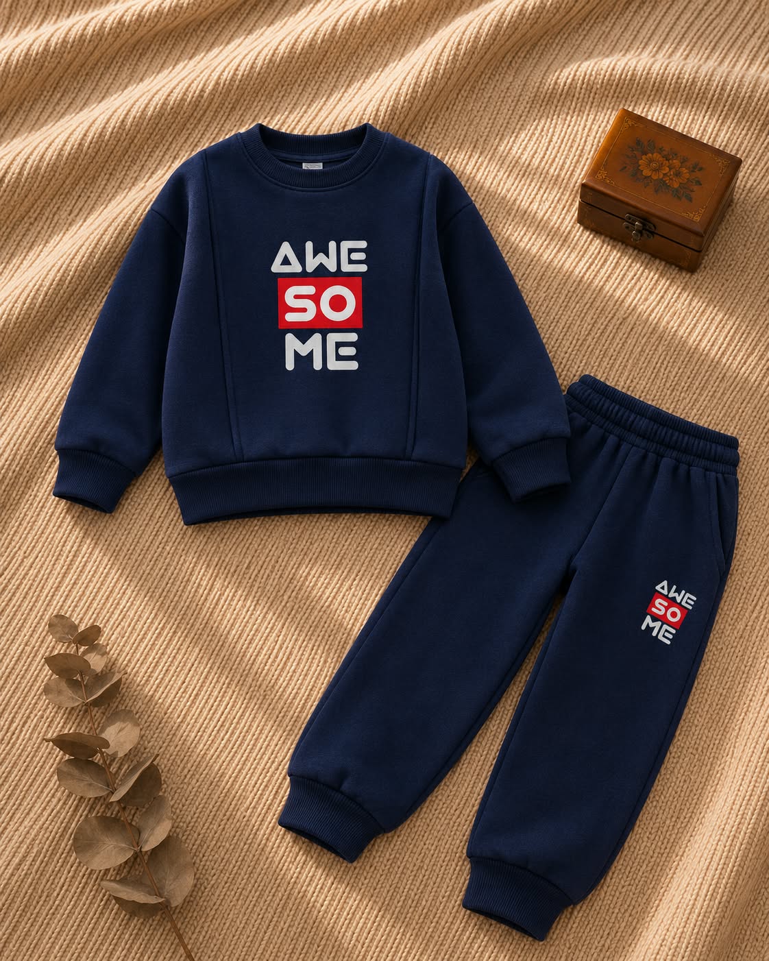 Navy kids tracksuit set with white and red Awe So Me print