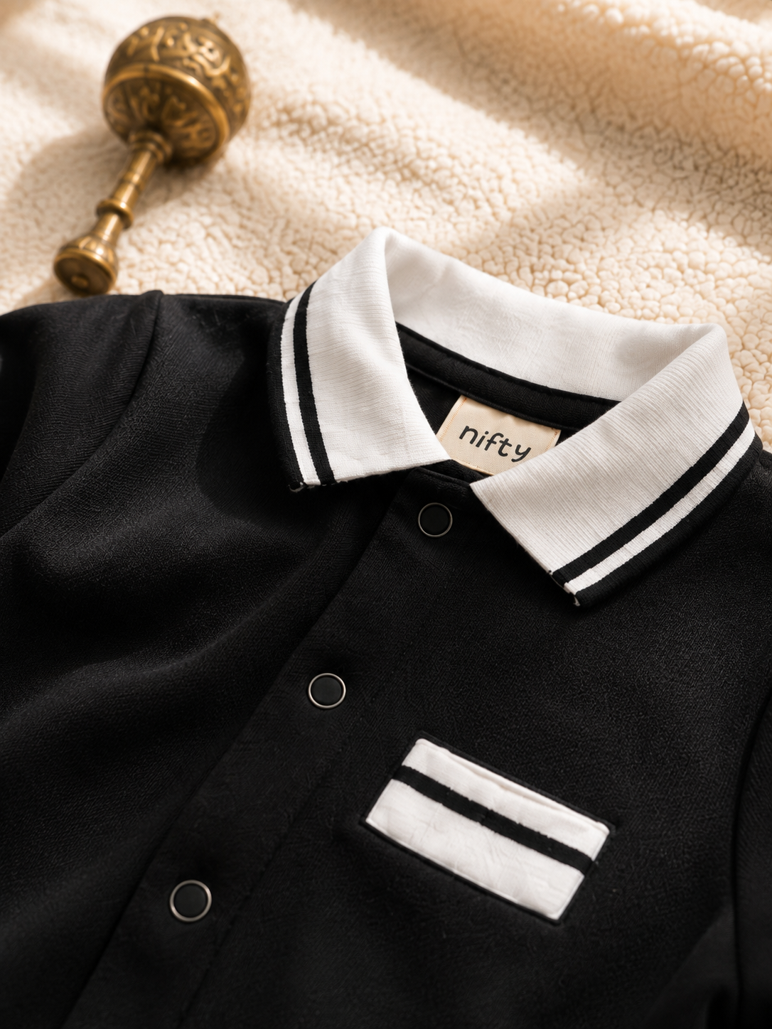 Baby Boy Romper – Black with White Striped Collar Jumpsuit