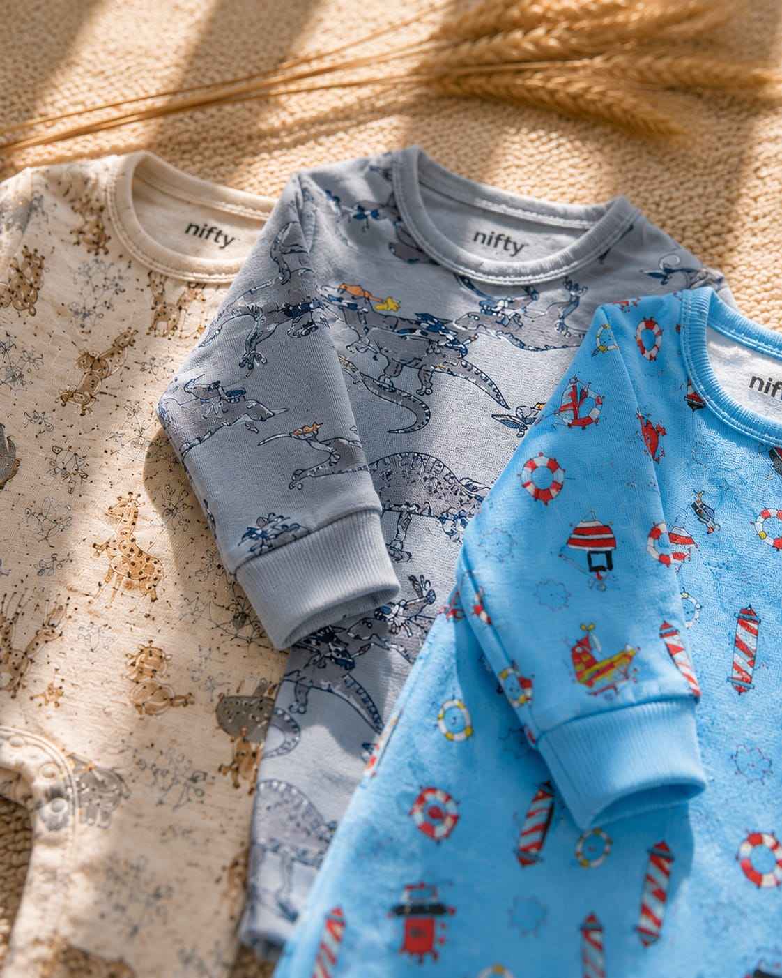 Baby Rompers Pack of 3 – Safari, Dinosaur & Nautical Print Cotton Jumpsuit