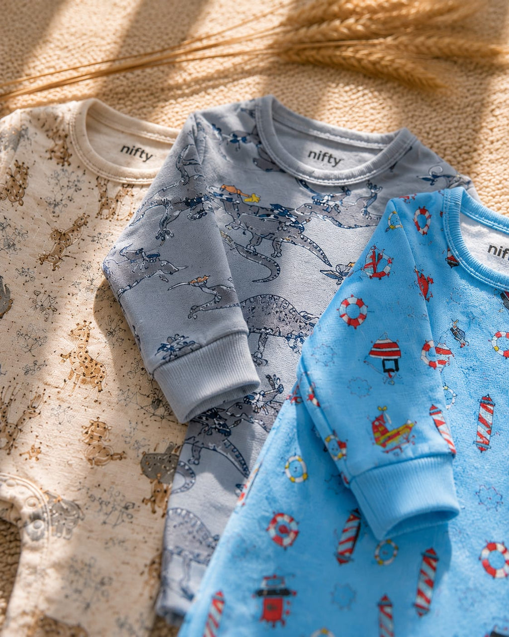 Baby Rompers Pack of 3 – Safari, Dinosaur & Nautical Print Cotton Jumpsuit