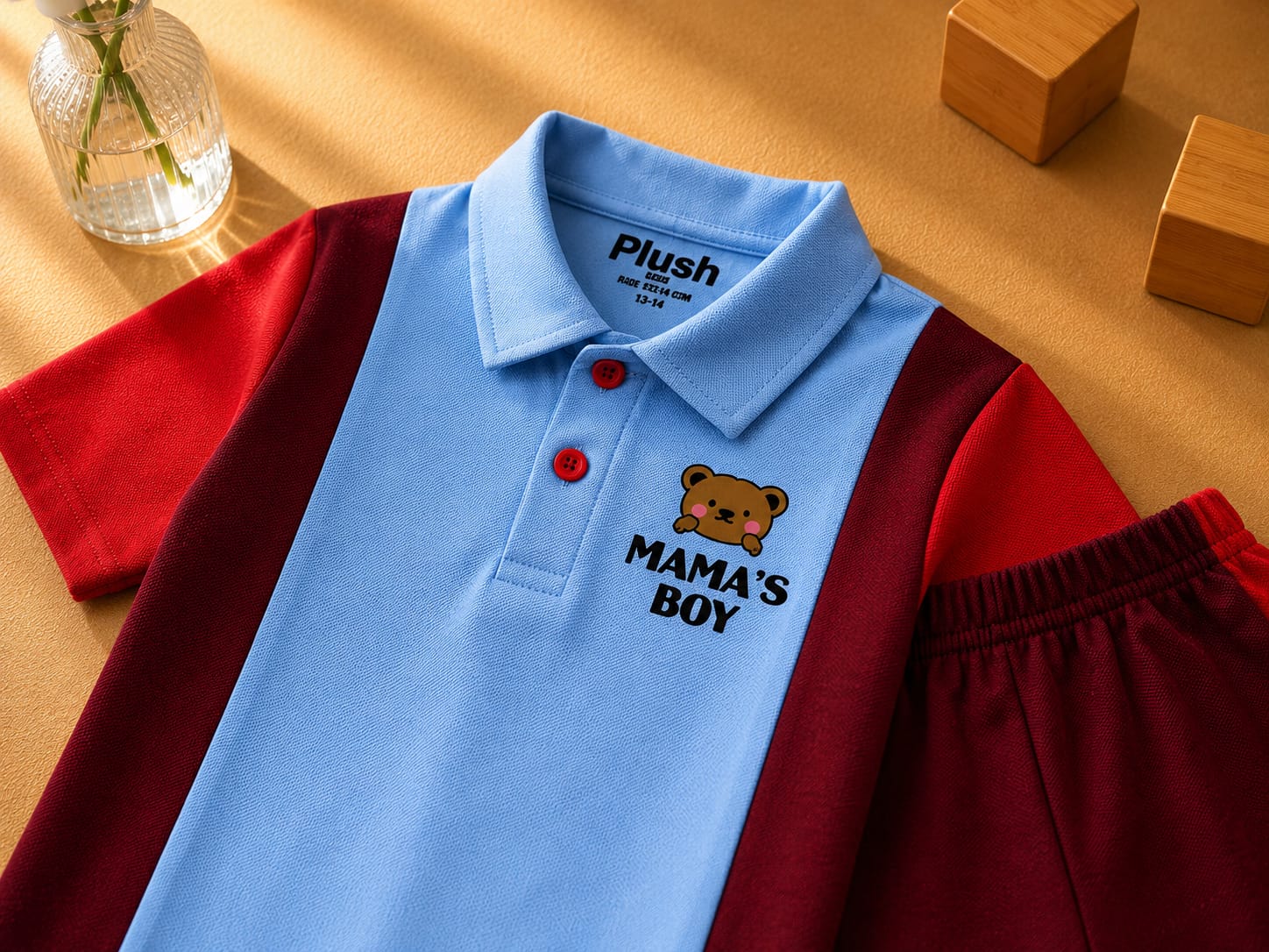 Plush-Baby Plaid Polo Shirt & Shorts-Red-Blue