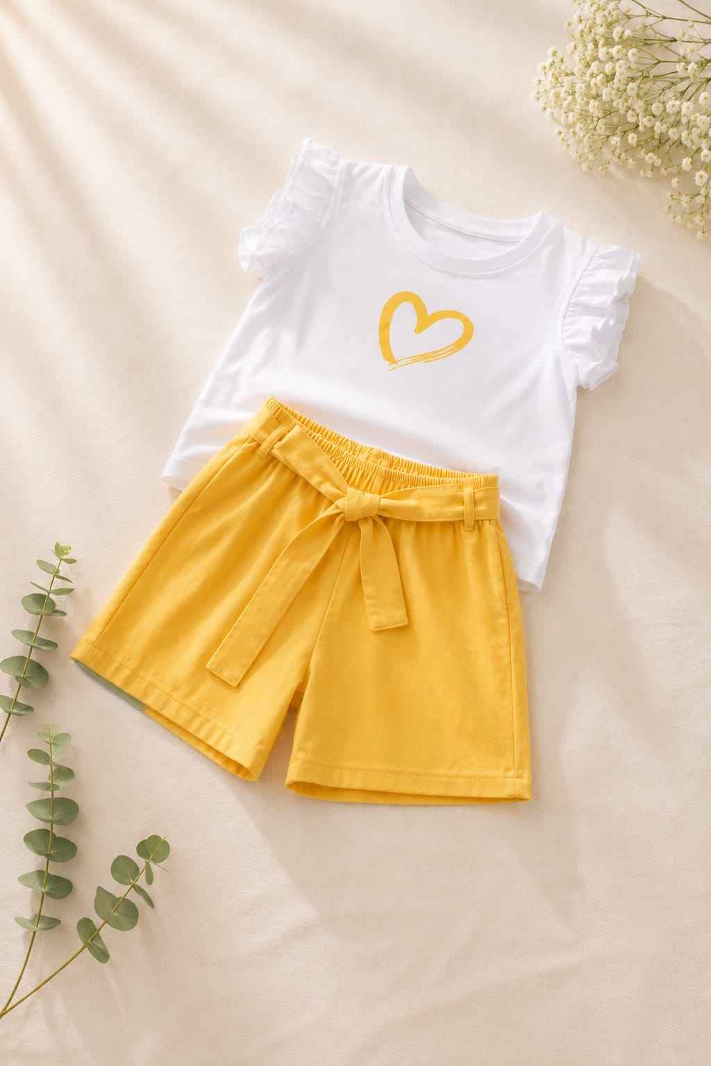 Girls White & Yellow Heart Print T-Shirt & Shorts Set