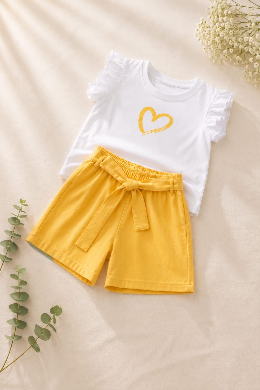 Girls White & Yellow Heart Print T-Shirt & Shorts Set