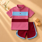 Plush-Baby Plaid Polo Shirt & Shorts-Blue-Red-Pink