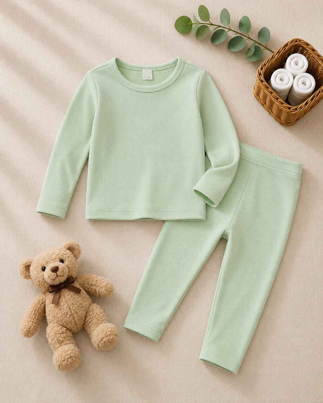 Plush Round Neck Style Ribbed Knit Sweat Set - Mint Green