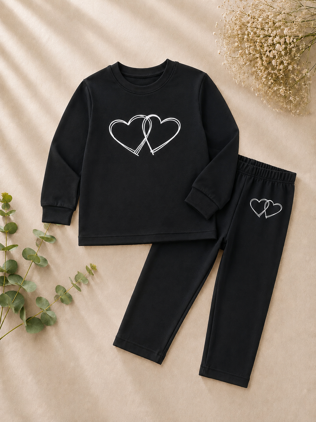 Girls Black Heart Print T-Shirt & Trouser Set