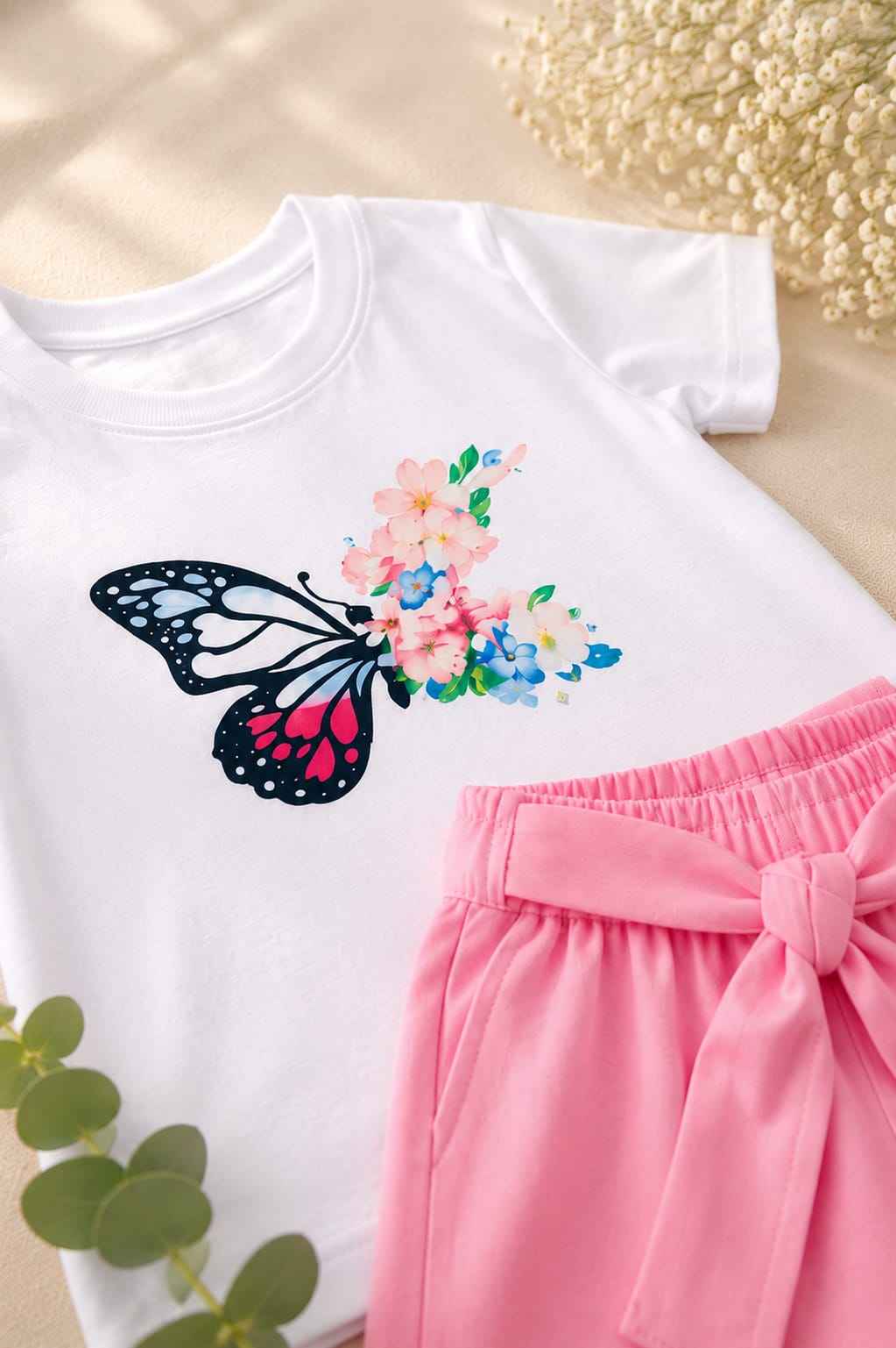 Girls White & Pink Contrast T-Shirt & Shorts Set