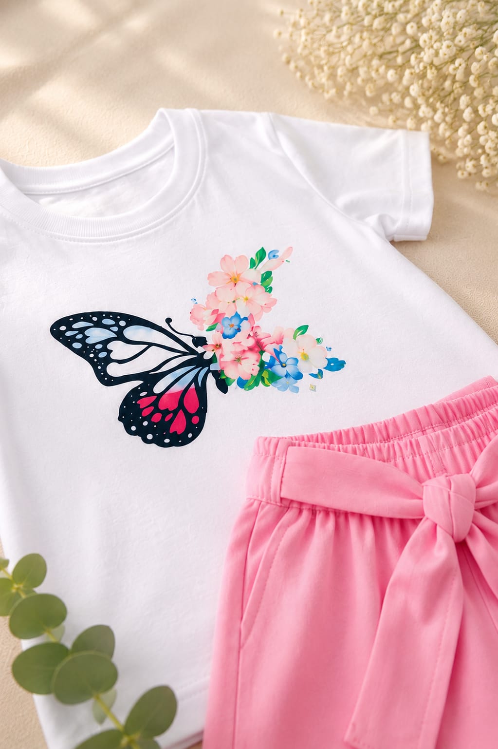 Girls White & Pink Contrast T-Shirt & Shorts Set