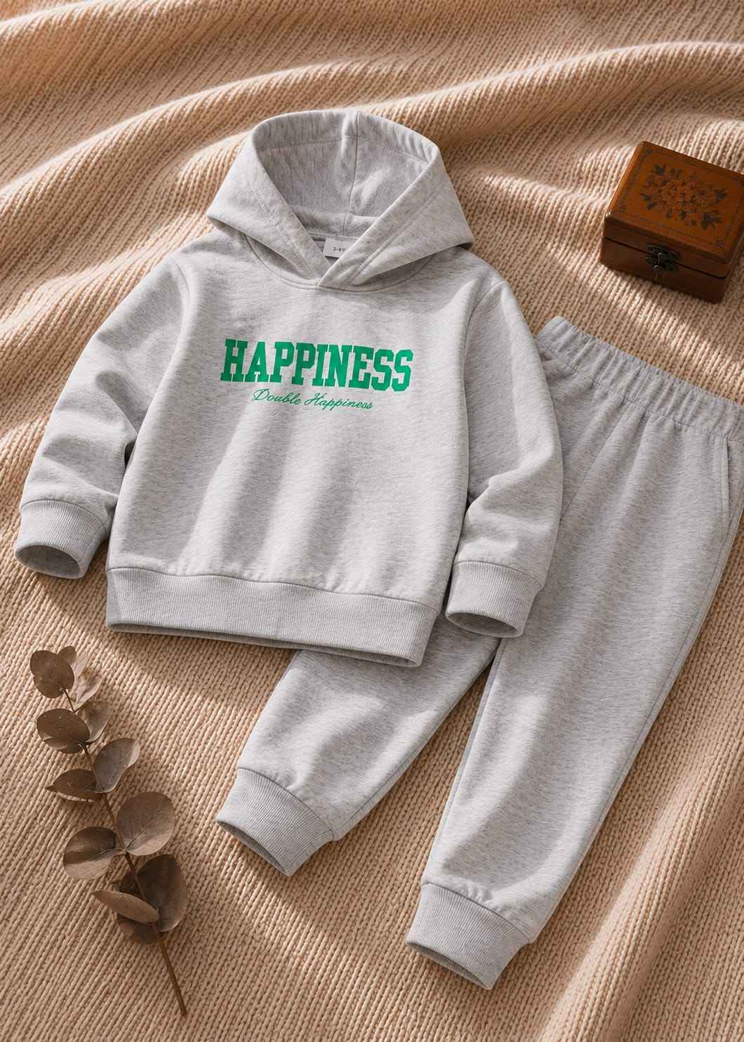 Plush Hoodie Style - Happiness Fleece Sweat Set Grey