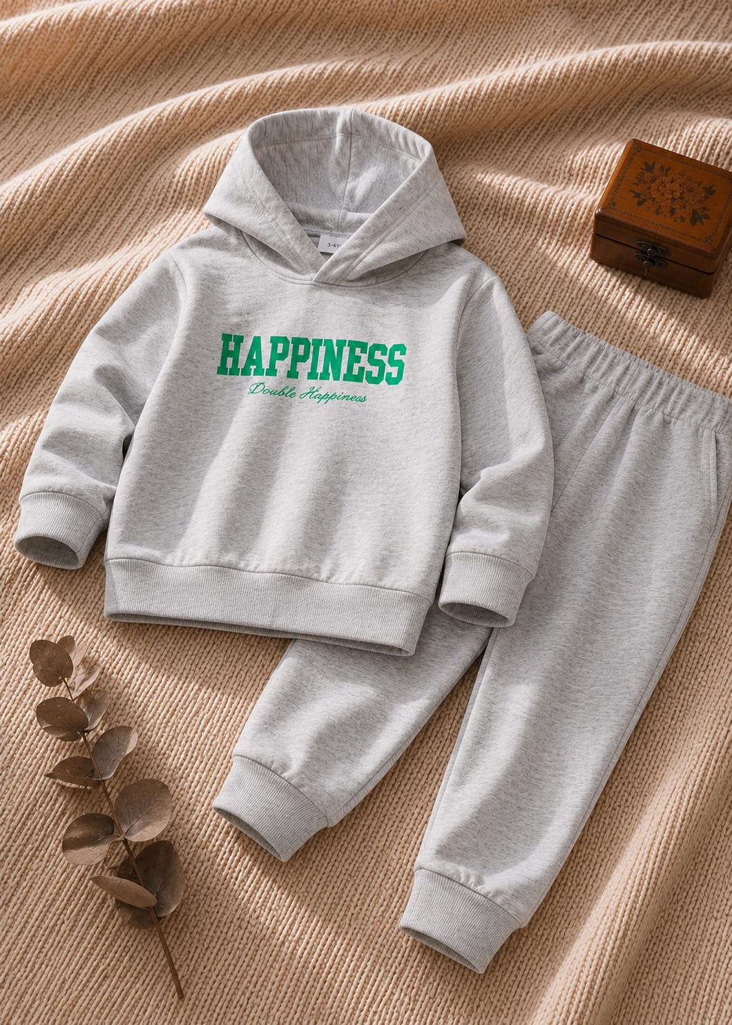 Plush Hoodie Style - Happiness Fleece Sweat Set Grey
