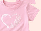 Pink girls outfit set with butterfly heart graphic t-shirt and matching shorts