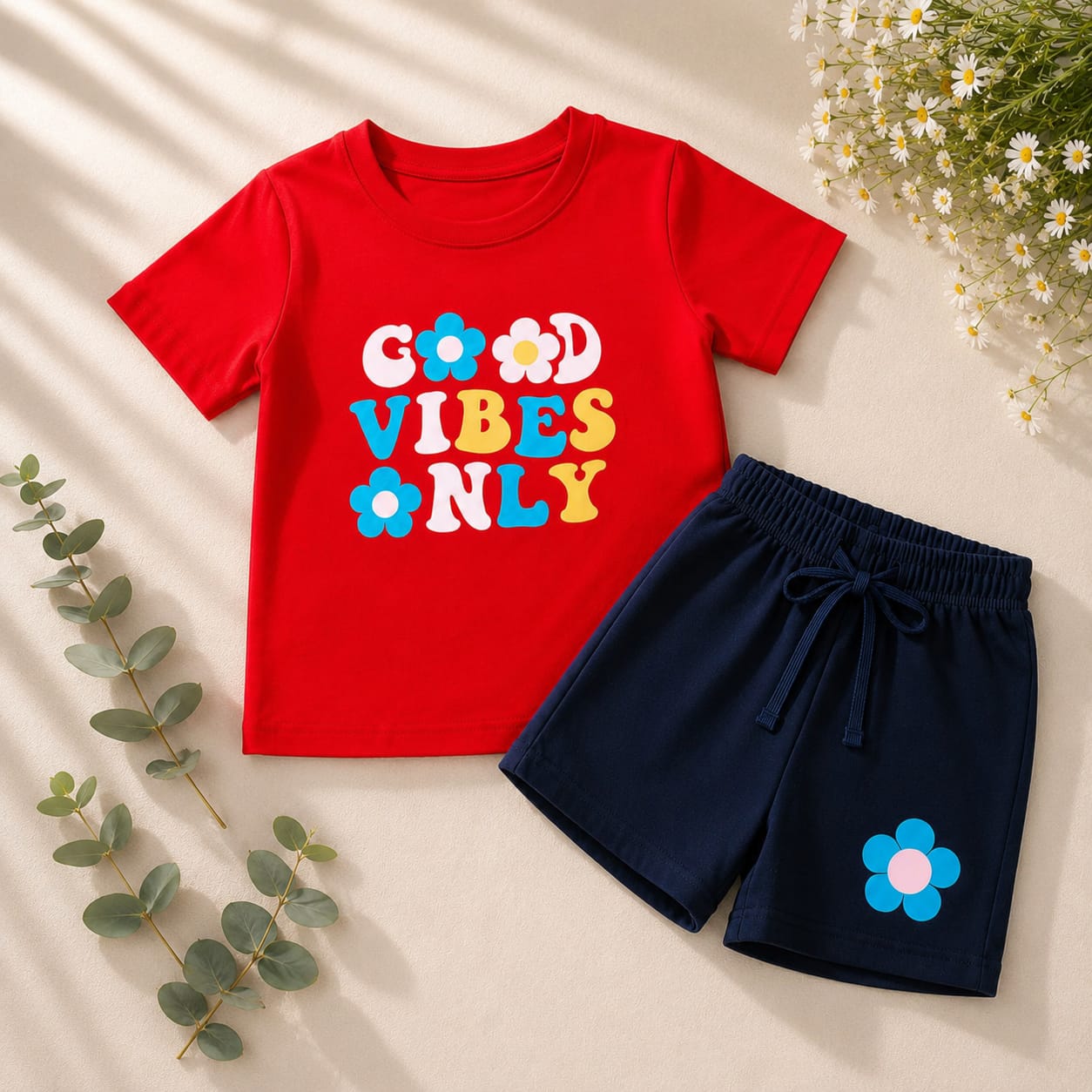 Girls Red "Good Vibes Only" T-Shirt & Shorts Set