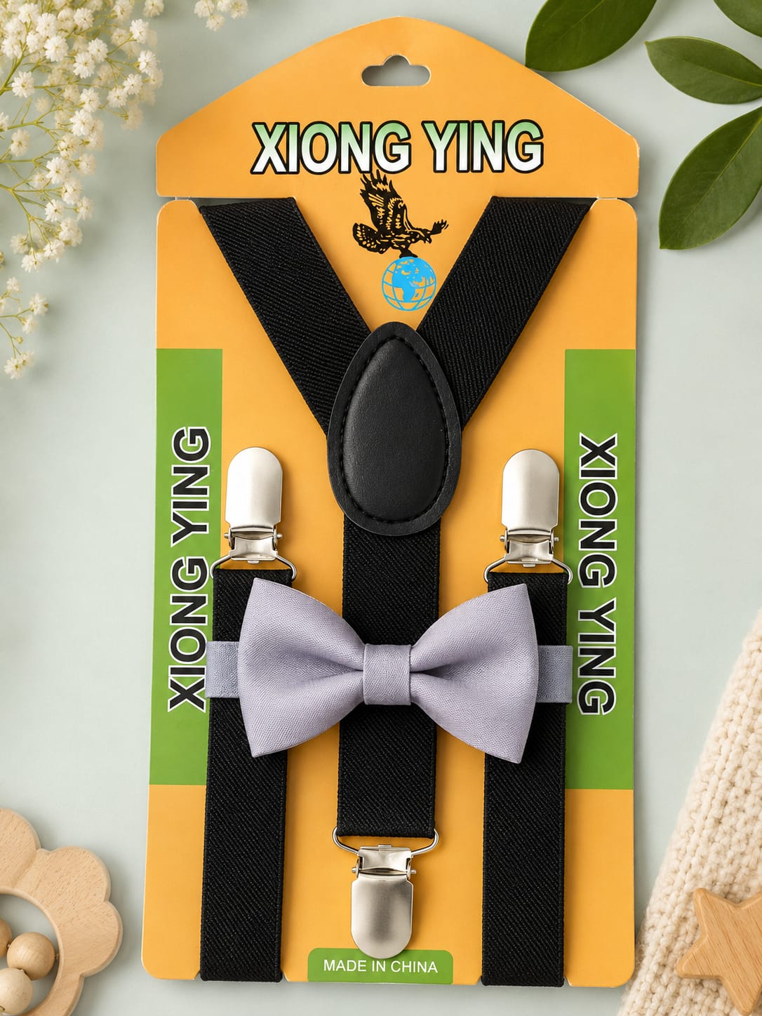 Kids black suspenders with grey bow tie set