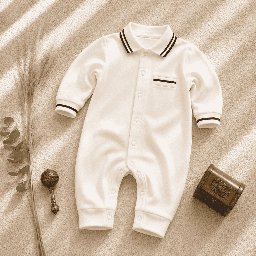 White baby romper with navy striped collar