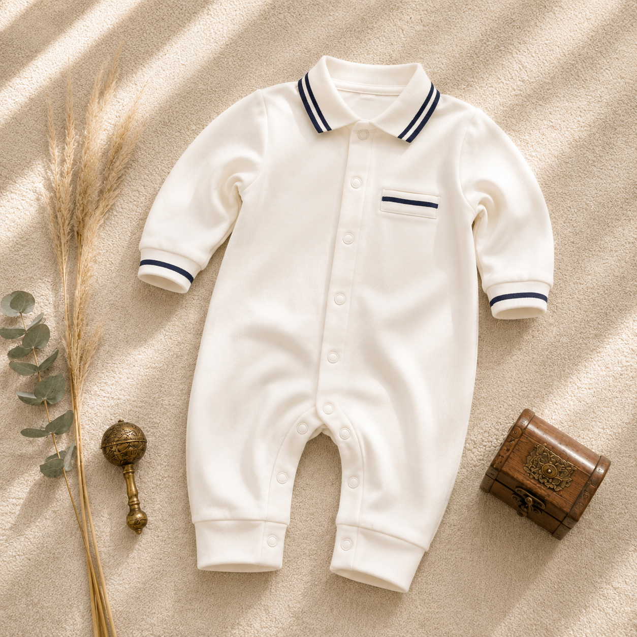 White baby romper with navy striped collar