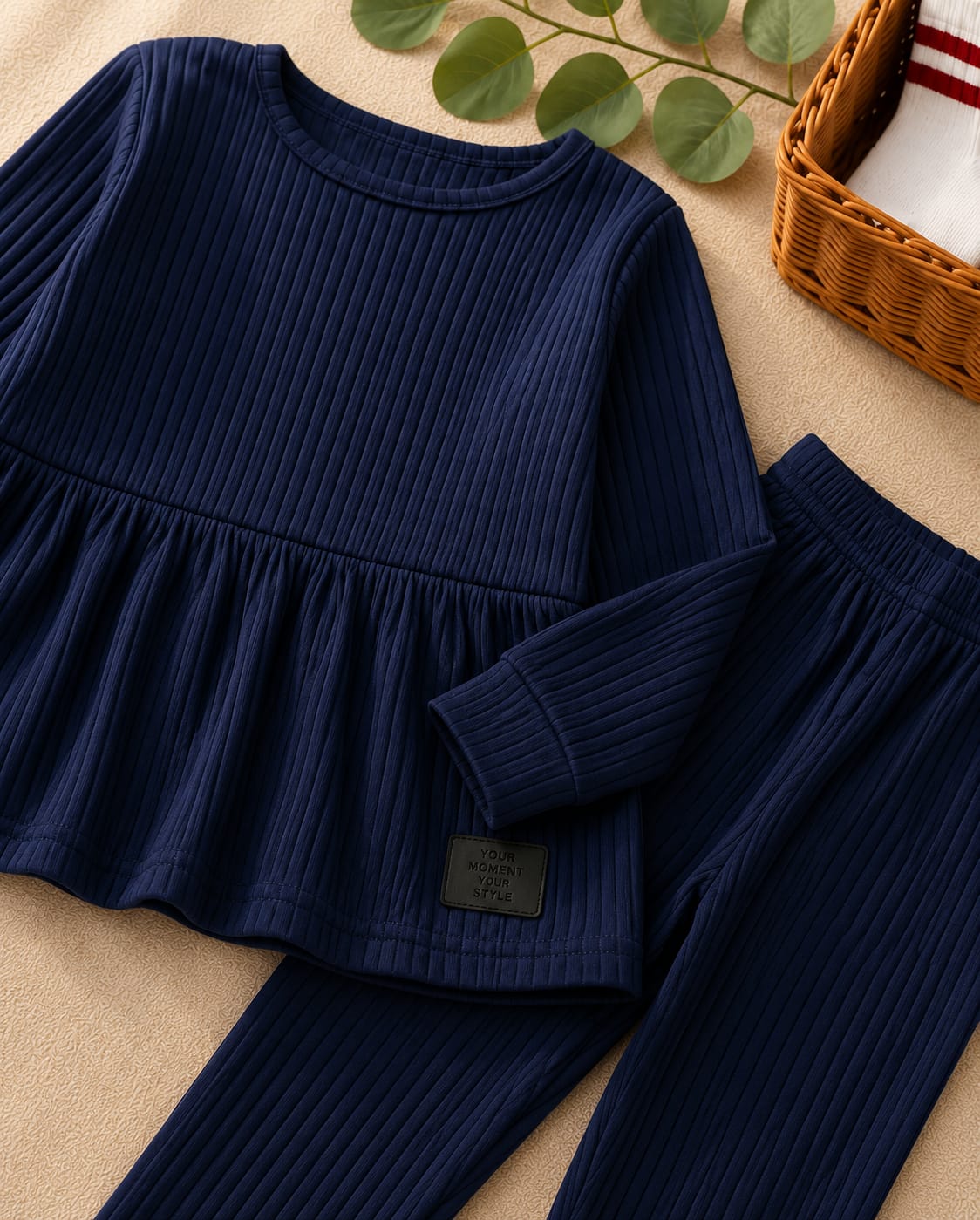 Plush Ribbed Knit Frock with Cuff Trousers - Midnight Blue