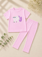 Girls Pink Cat Print T-Shirt & Trouser Set