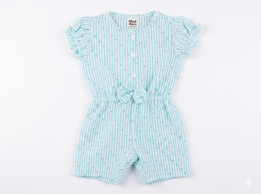 Light blue striped baby girls romper with puff sleeves and front buttons