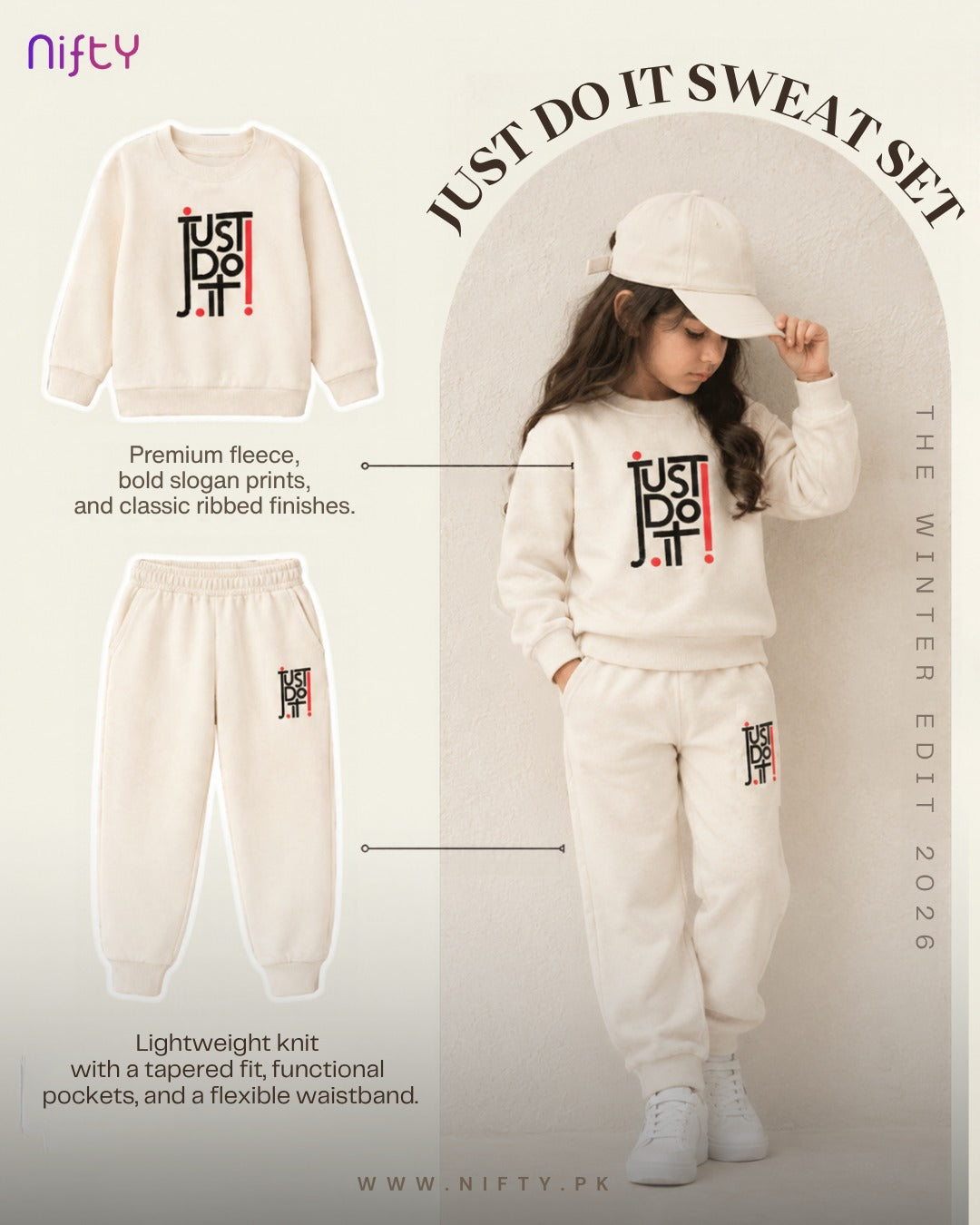 Cream “Just Do It” Kids Sweatshirt and Jogger Set