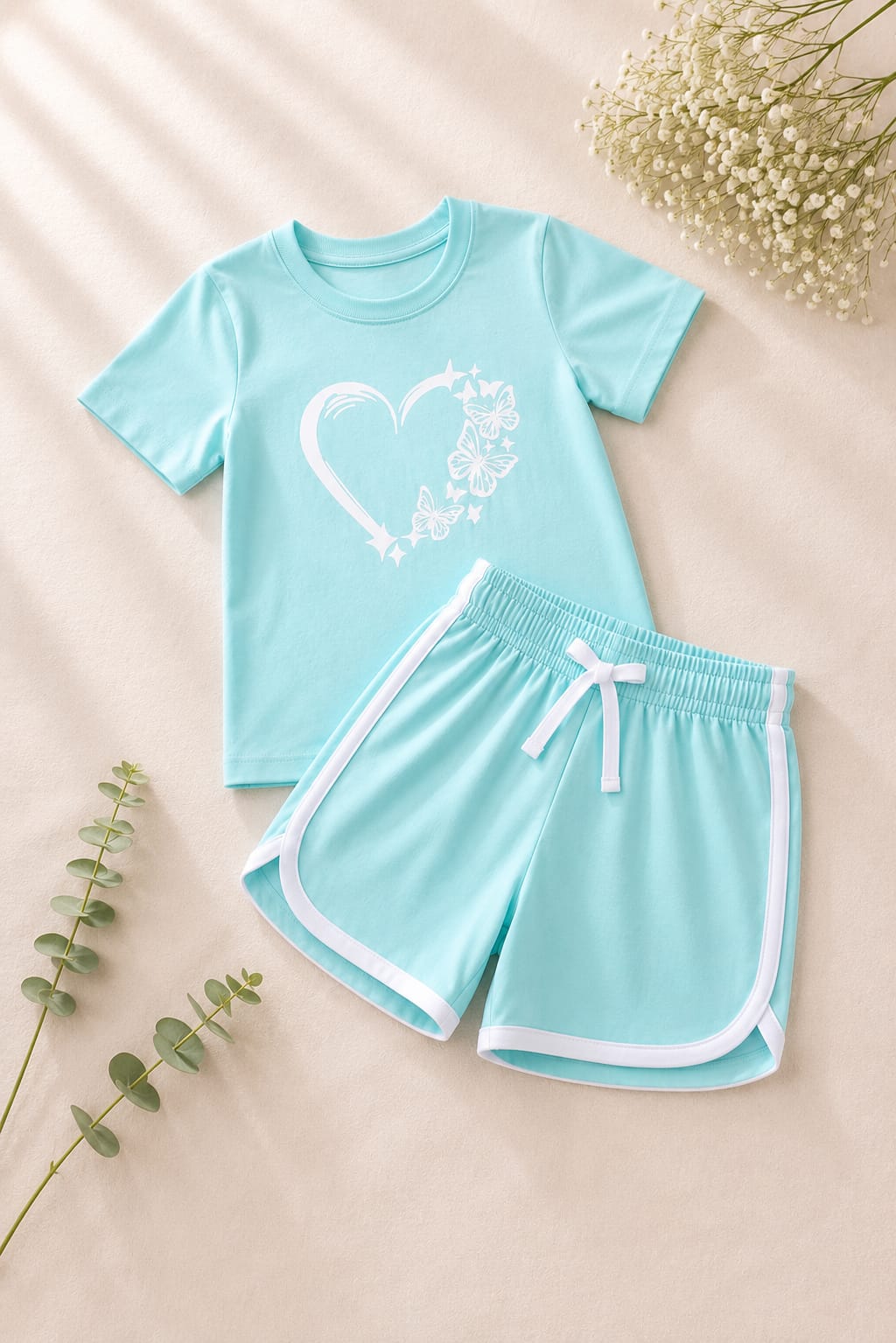 Girls Sea Green Butterfly Heart T-Shirt & Shorts Set