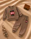 Mocha brown kids tracksuit set with Awe So Me print